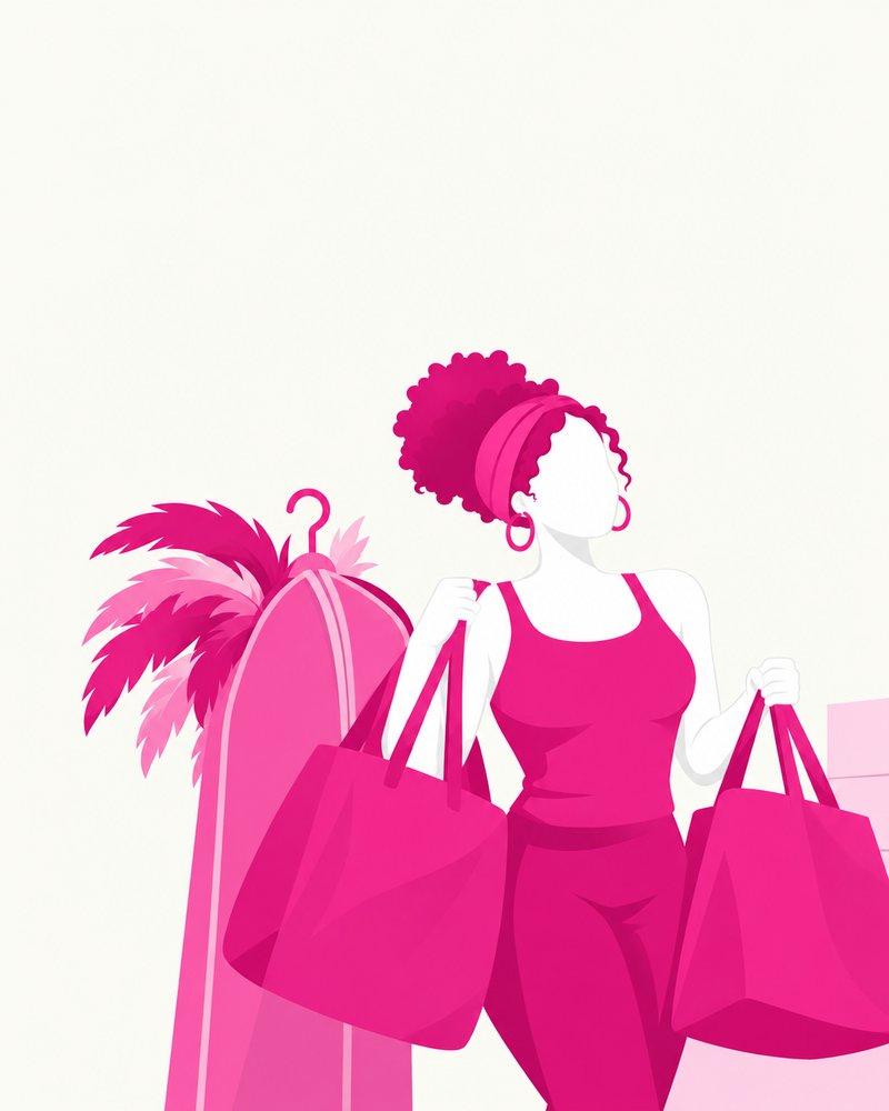 Illustration of a masquerader collecting her costume bags