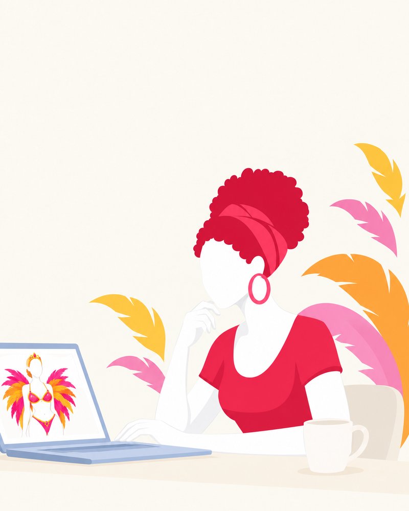 Illustration of a masquerader choosing her costume online